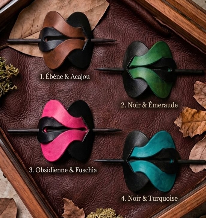 Barrette Bicolore à Cheveux en Cuir Tressé avec son Pic en Bois –
